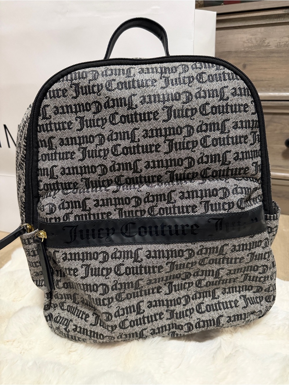 Y2K Juicy Couture Gothic Print Full Zip Backpack Black Grey